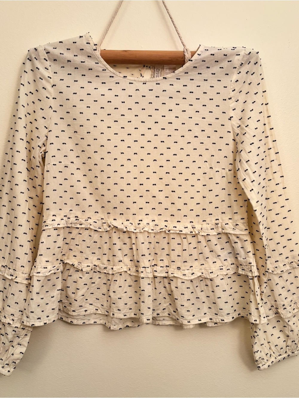 Divided Cream Long-Sleeve Ruffle Peplum Top with Navy Dot Print